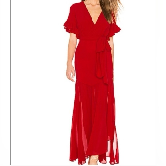 Privacy Please X Revolve Red Ruffle Sleeve V-neck Belted Maxi Dress Holiday XS - Picture 2 of 14